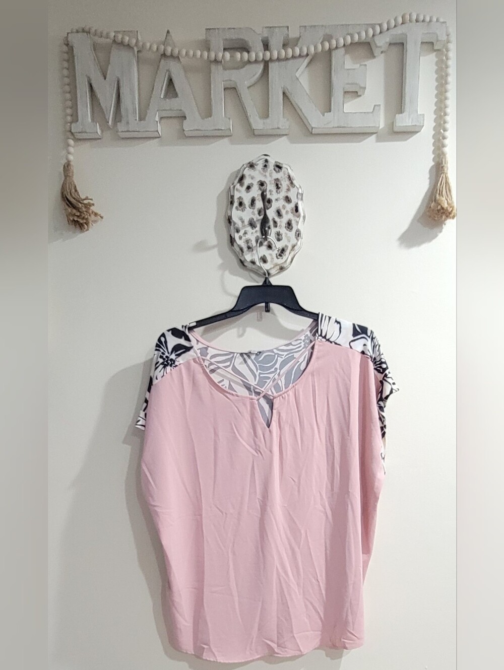 white birch Pink Floral-Trim Keyhole Blouse